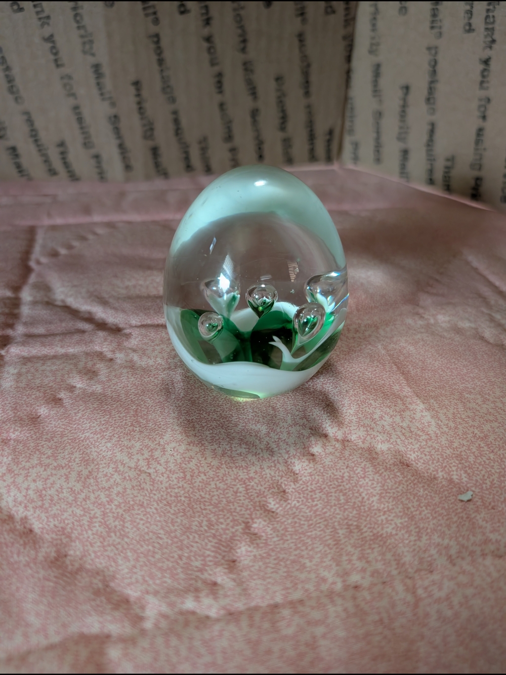 Glass Art Egg Paperweight with Green and Clear Bubbles